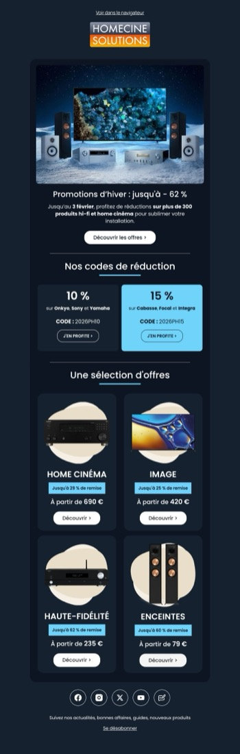Newsletter con promociones de invierno, códigos de descuento y una selección de ofertas